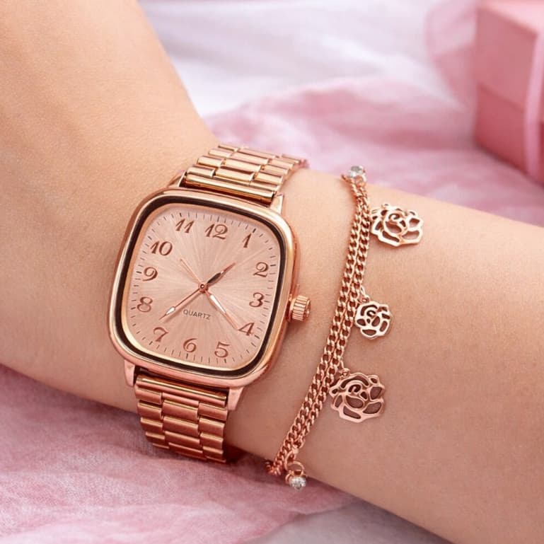 Kit Relógio Feminino Luxo com Pulseira + Caixa – Prata, Preto, Dourado e Rose | Elegante e Moderno