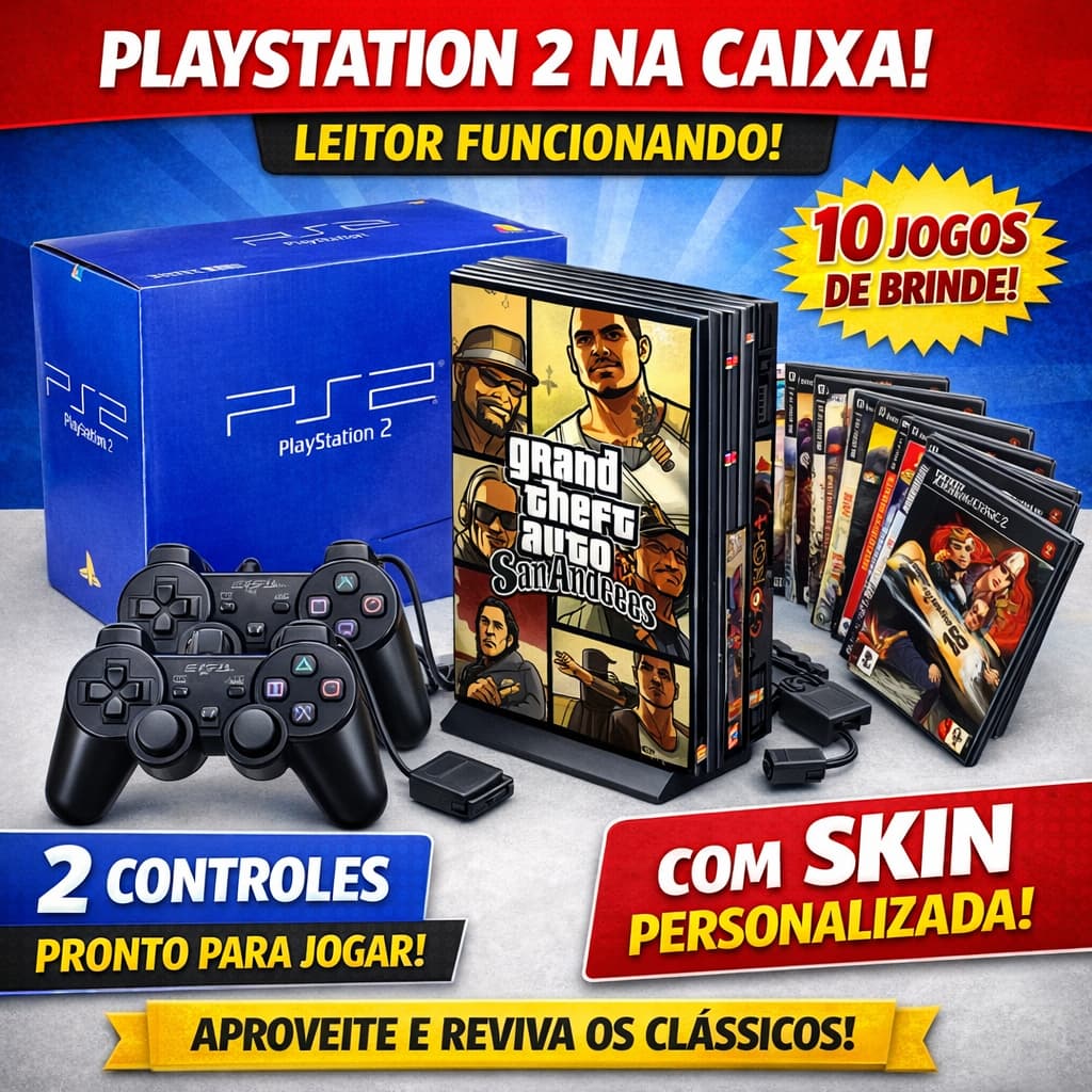 PlayStation 2 Slim na Caixa –  Leitor 100% + 2 Controles + 10 Jogos + Skin + M Card.