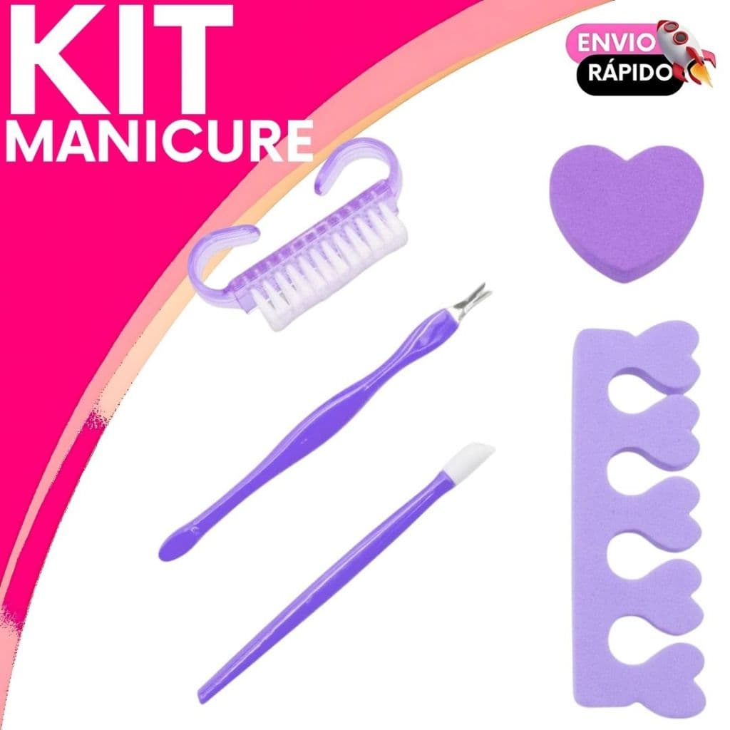 Kit Manicure Lixa + Separador de Dedos + Escovinha para Unhas + Corta Cuticula + Empurrador