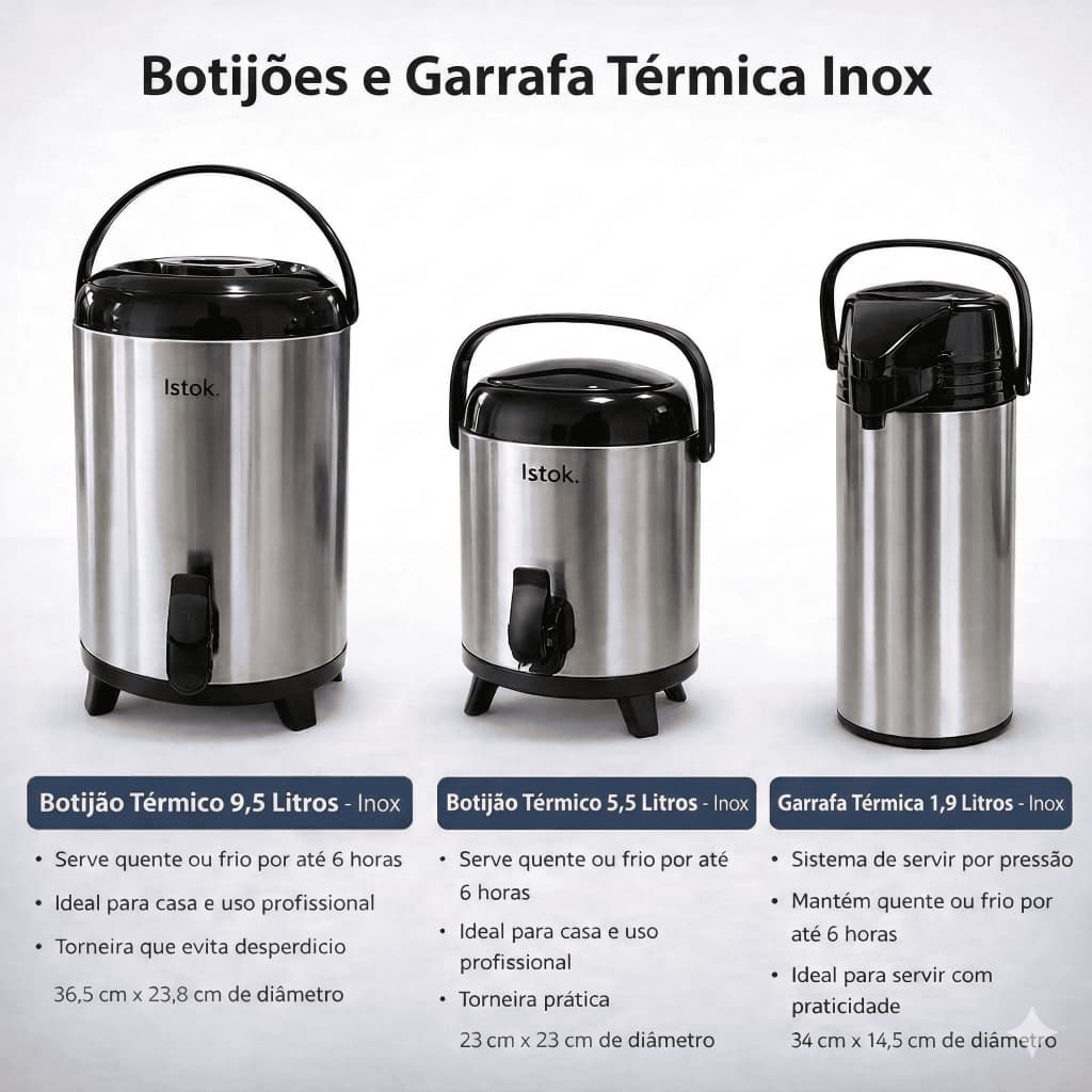 Botijão Térmico Inox 9,5L 5,5L e Garrafa Térmica 1,9L | Conserva Quente e Frio Até 6h