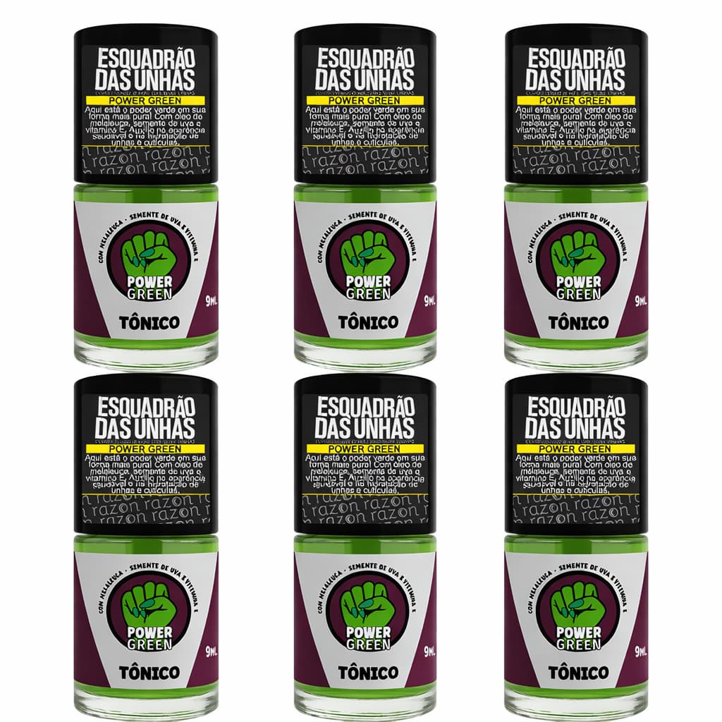 Kit 6 Tônico Hidratante para Unha e Cutícula Power Green 9ml com Semente de Uva Esquadrão das Unha - Razon Cosmeticos