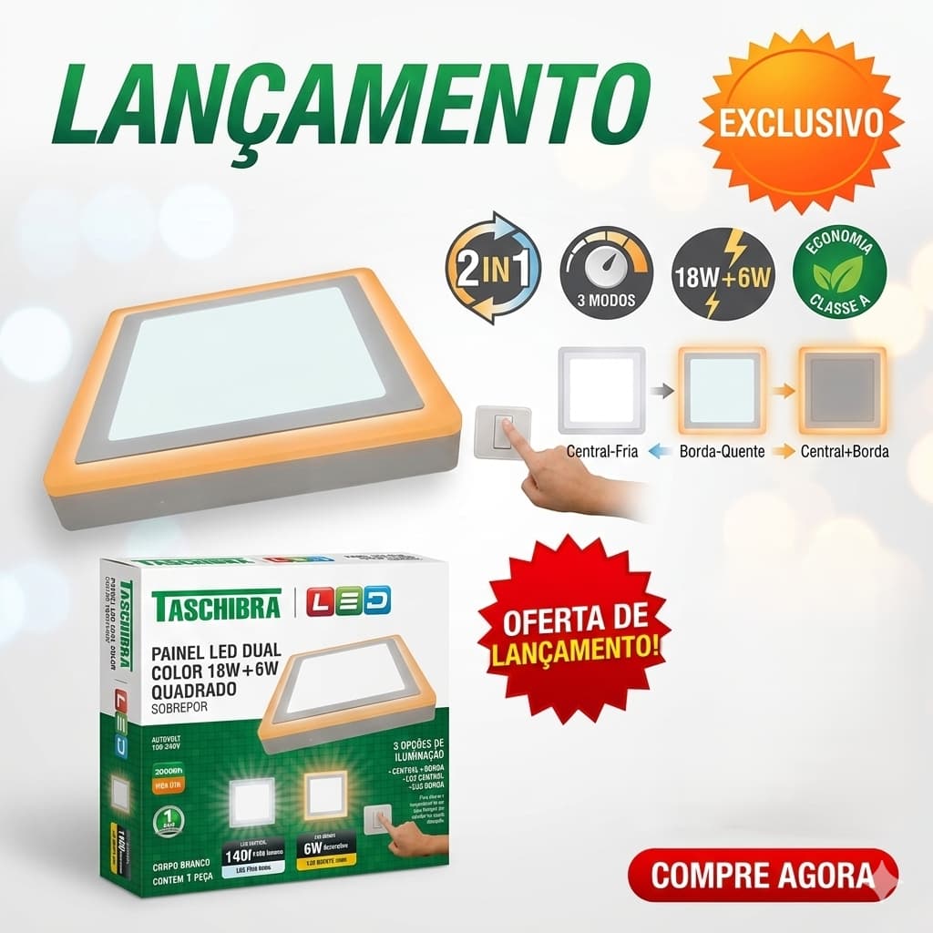 PAINEL LED DUAL COLOR BIVOLT 110/220V SOBREPOR QUADRADO BRANCO FRIO TASCHIBRA 6500K 18W FÁCIL INSTALAR