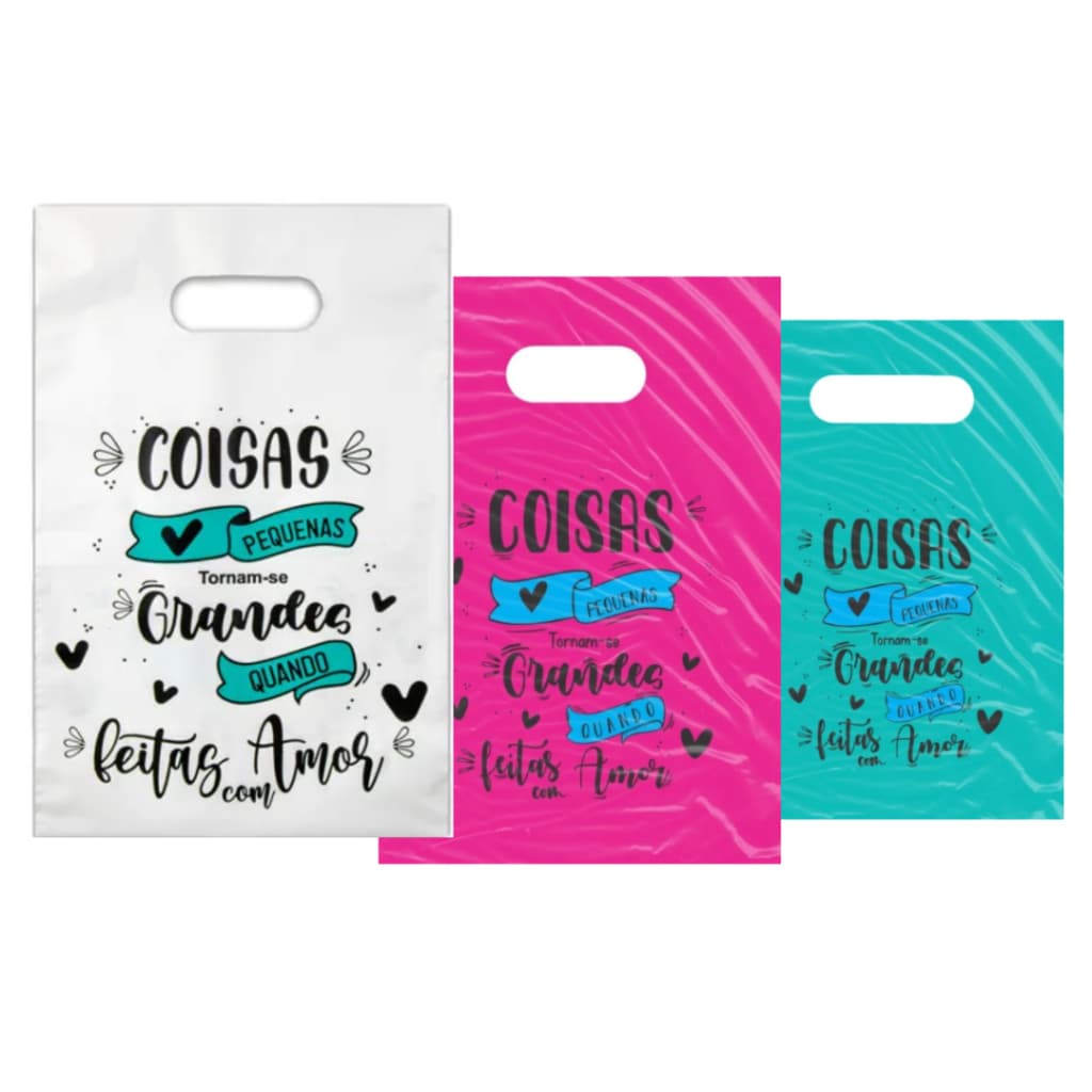 Sacolas Plásticas 16x20 Boca de Palhaço Alça Vazada Com Frase Com Amor
