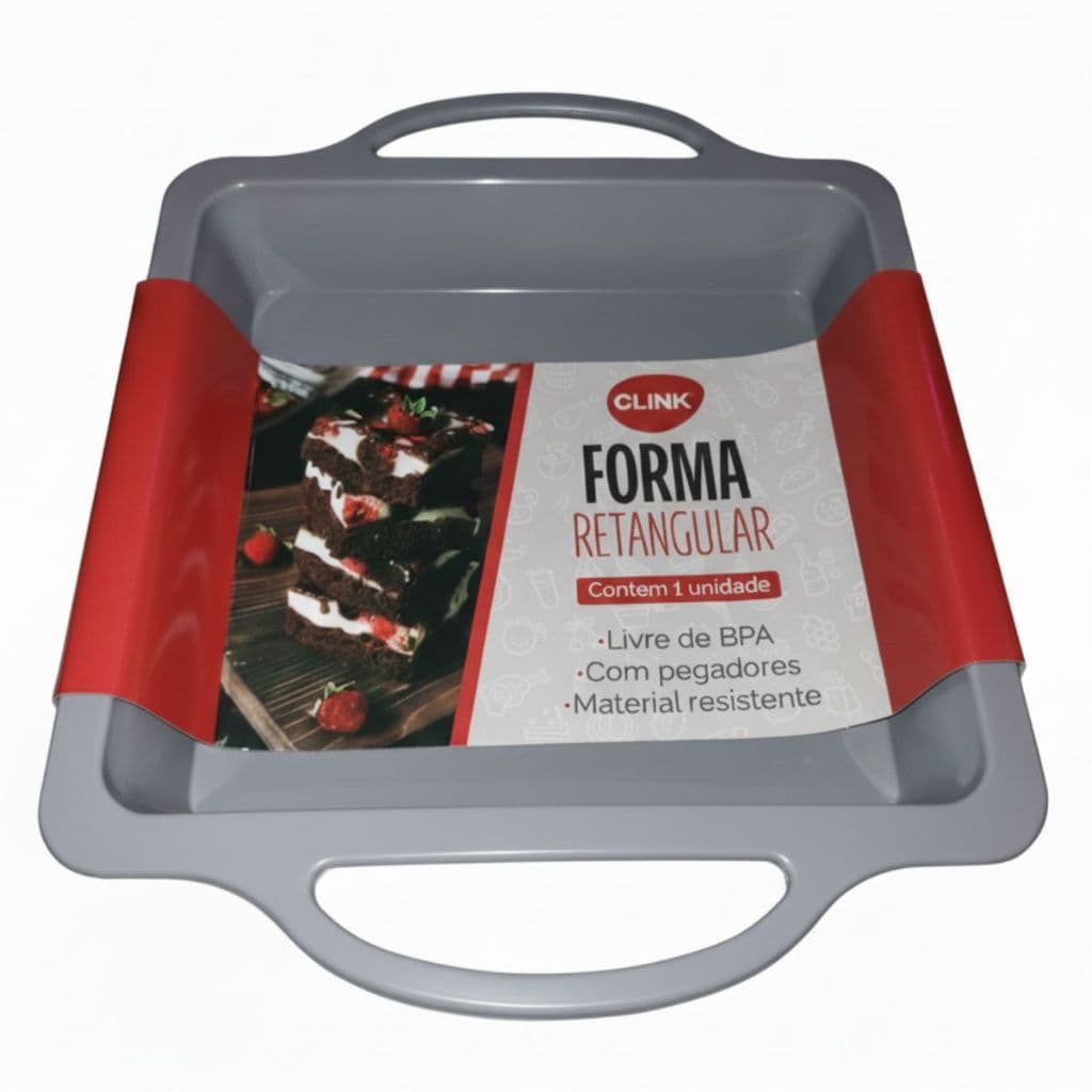 Forma de Silicone Retangular Antiaderente Com Pegador Resistente 29,2cmX22,8cmX4cm Air Fryer Forno Vermelha Cinza Clink