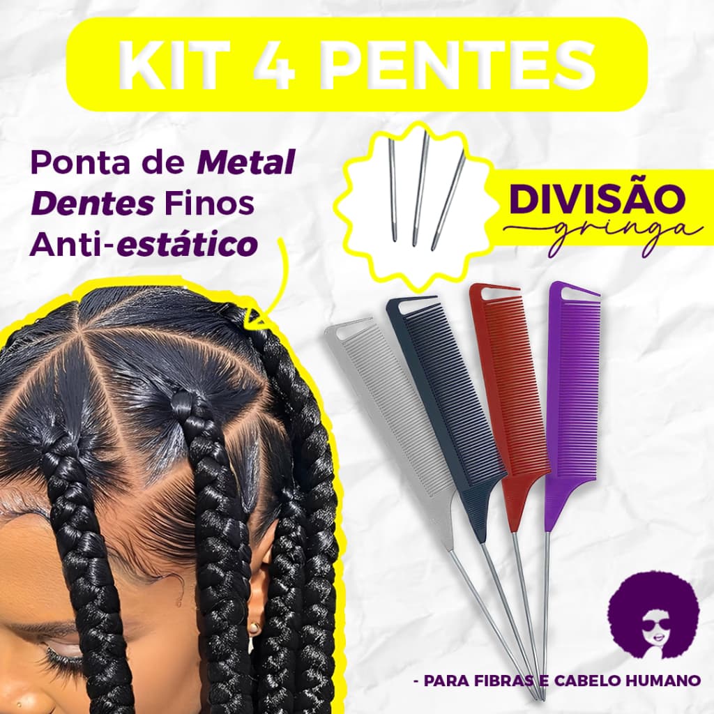 KIT 4 Pentes Fino Inox Trancista Cabelereira Barbeiro