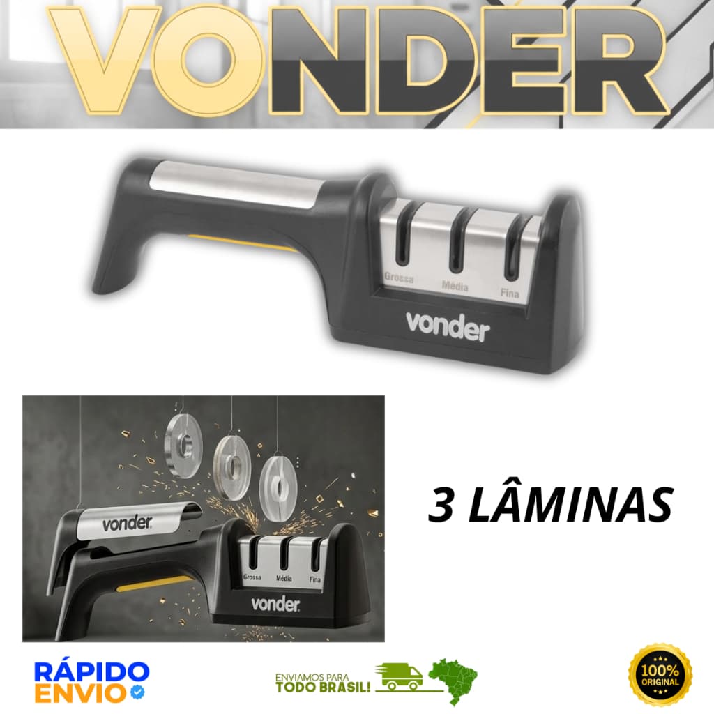 Afiador Amolador De Facas Com 3 Lâminas Vonder Antiderrapante Resistente Original Oferta Premium Top