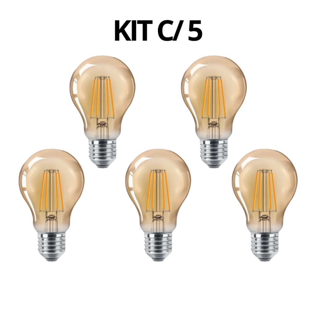 Kit c/ 5 Lâmpada Filamento Retro A60 4W 2400K E27 LED Âmbar Vintage
