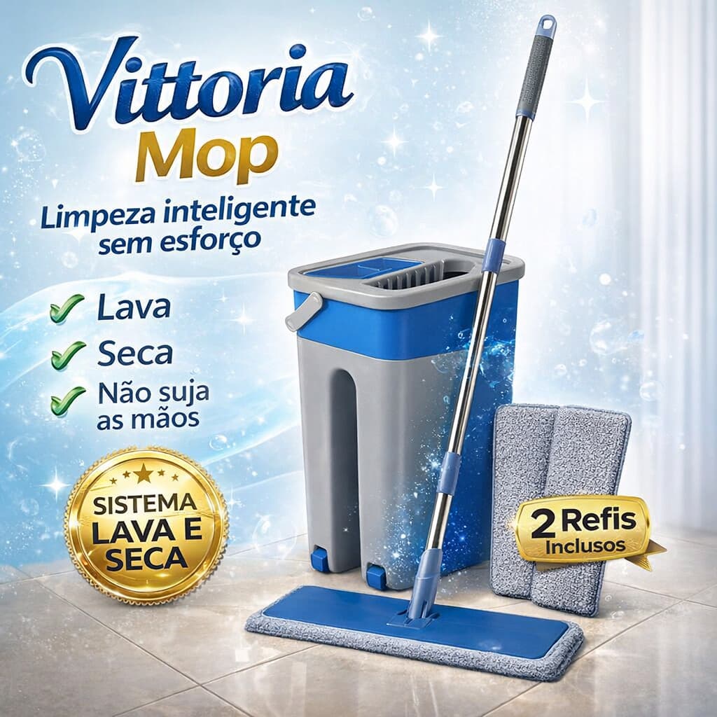 Flat Mop Com Balde Lava e Seca Vittoria Mop System + 2 Refis Microfibra Rodo Mágico Limpeza 360°