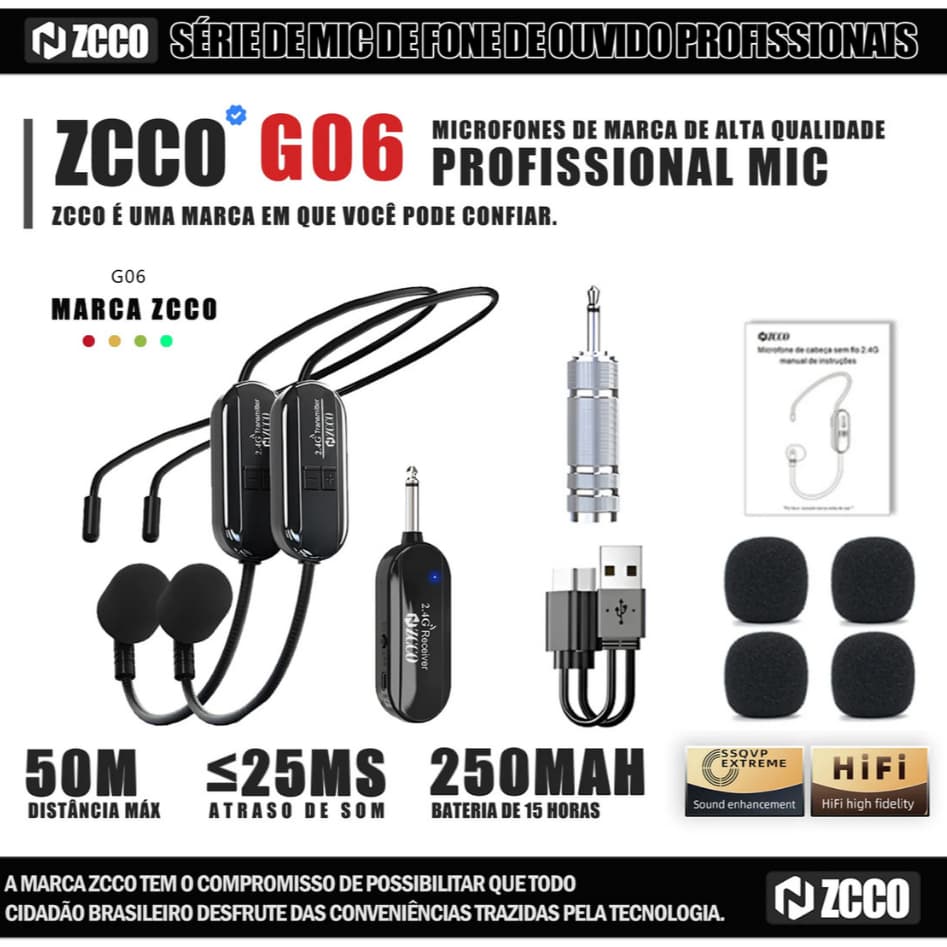 ZCCO G06 2 Microfone Sem Fio 2.4GHz c/ Cancelamento Ruído DSP, Transmissão 50m, Bateria 6h, p/ Palestras/Streaming