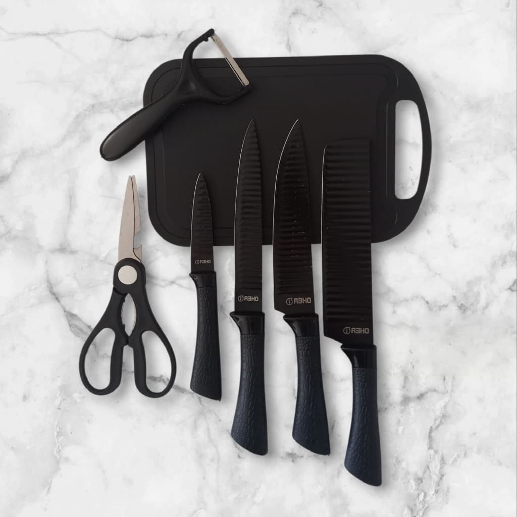 Kit Cozinha 7 Peças Facas Afiadas Chef Tábua Tesoura Descascador Conjunto Facas de Cozinha