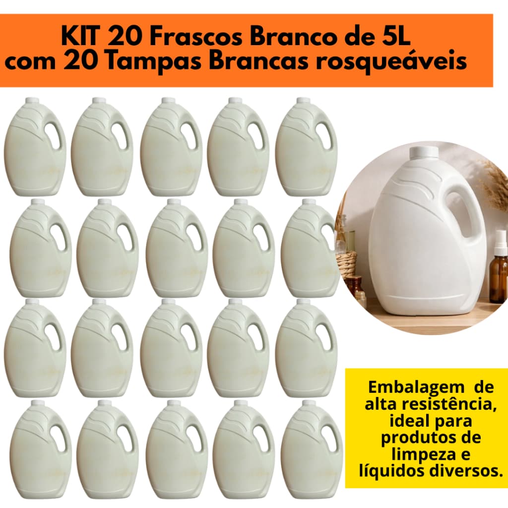20 Embalagens, Frascos, Galão 5 Litros Branco PEAD - Acompanha as 20 tampas - multiuso