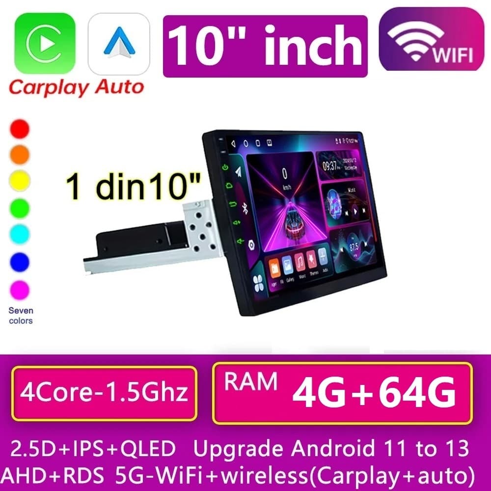 Central Multimídia 1 Din Android 4gb gb Ram  10 Polegadas wifi bt gps carplay android auto