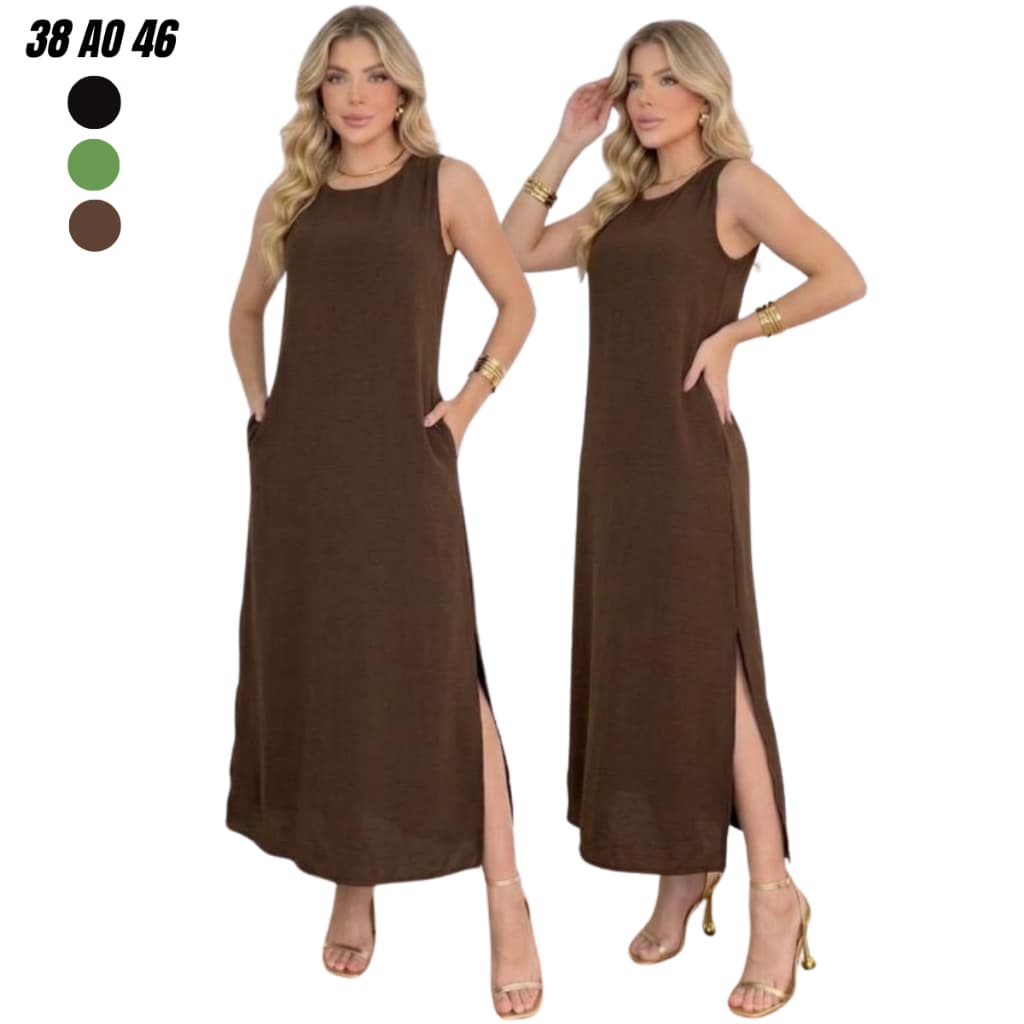 Vestido Longo Feminino Crepe Com Bolso Fenda Não Amassa Moda Cristã Casual Confortável Dia das Mães