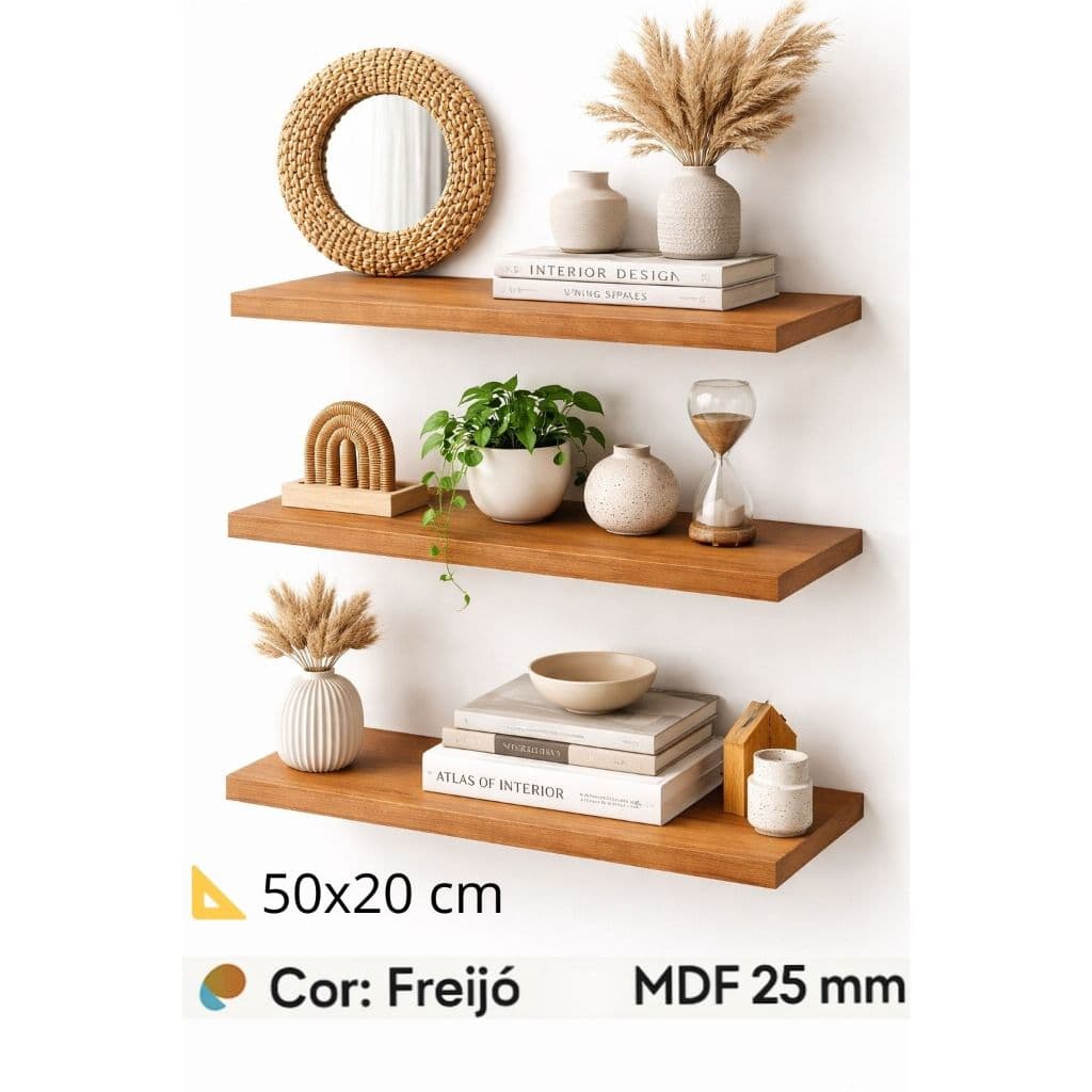 Kit 3 Prateleiras 50x20 Freijó com Suporte Invisível – Prateleira Flutuante Decorativa MDF