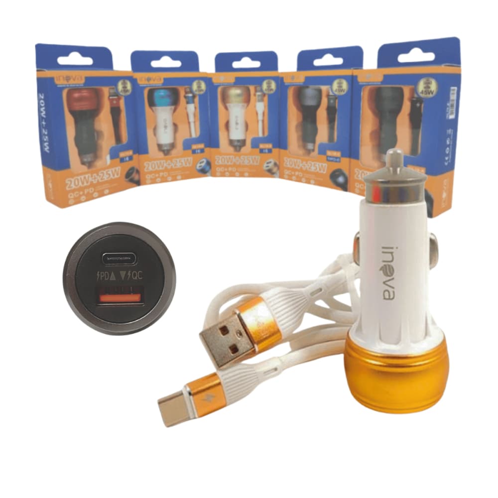 Carregador Veicular 12V TURBO USB / TIPO-C 45W Cabo TIPO-C Móvel INOVA