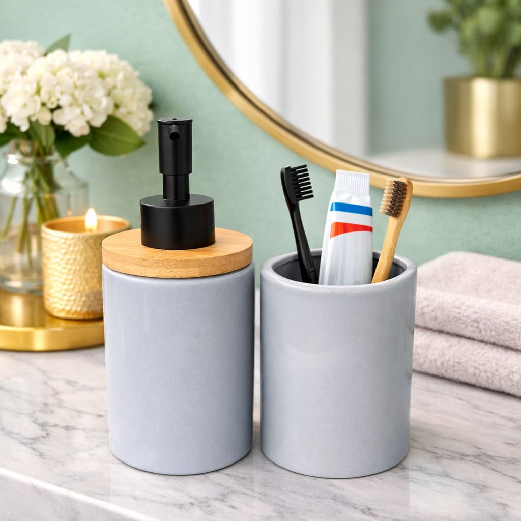 Kit Porta Escova de DeDispenser nte + Sabonete Líquido Cerâmica 400ml Tampa Bambu Banheiro Luxo