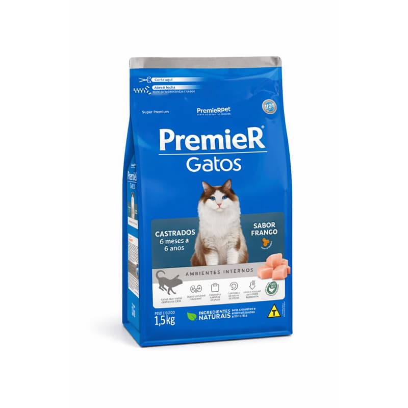 Ração Premier Gatos Castrados 1,5kg Sabor Frango Para Gatos de Apartamento Ambientes Internos Super Premium