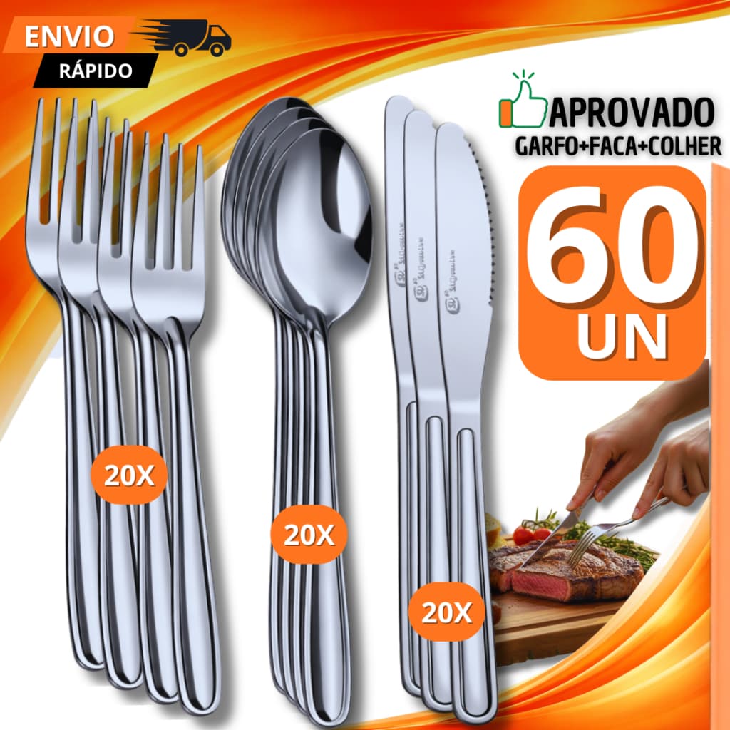 Combo 60/48/24/18 Talheres Inox Resistente Garfo Faca Colher Premium Casa Cozinha Buffet Restaurante