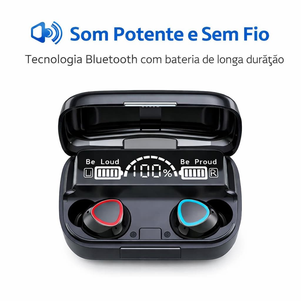 Fone Bluetooth sem fio com display digital e case carregadora.