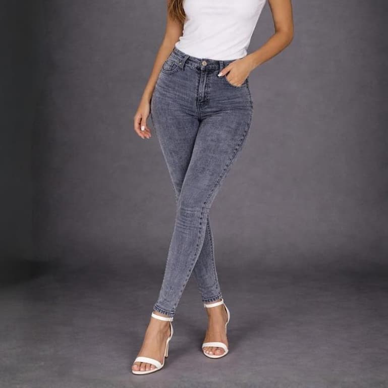 Calça Jeans Feminina Com Power Elastano Skinny Premium Tom Grafite Cintura Alta