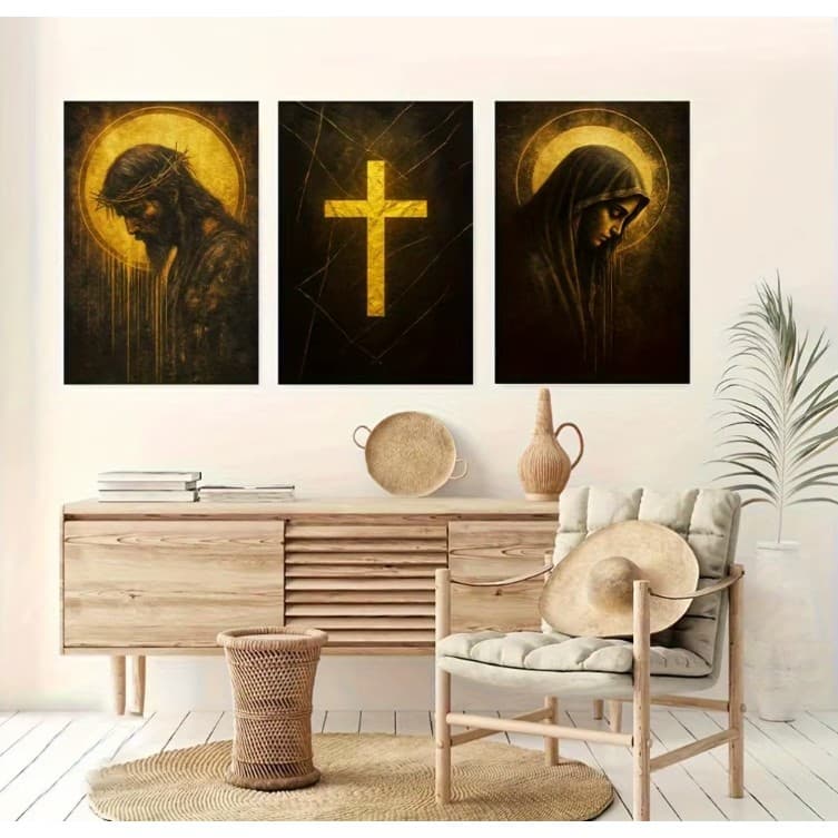 Kit com 3 Quadros Decorativos 60x40 | Decoração para Sala e Quarto Religioso Jesus Crus e Maria