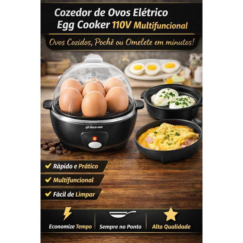 Cozedor de Ovos Elétrico Egg Cooker 110V Multifuncional | Faz Ovos Cozidos, Pochê e Omelete Fácil e Rápido
