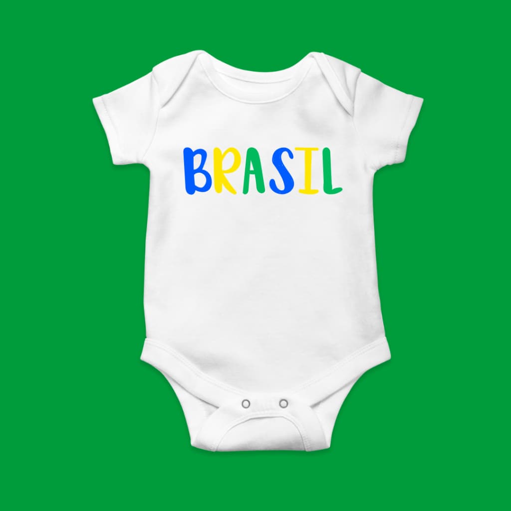 Body bebê infantil branco manga curta estampa Copa do Mundo Brasil