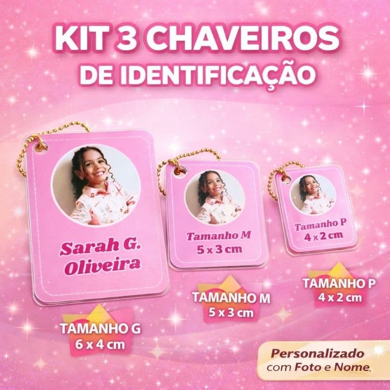 Kit 3 Chaveiros de Identificação Escolar Personalizado com Foto e Nome | Tag Mochila Infantil Plastificado Menina Menino