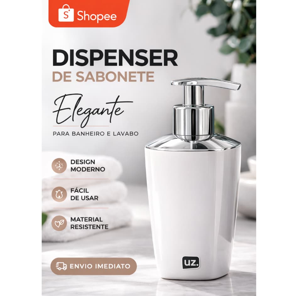 Dispenser Sabonete Líquido UZ Branco Válvula Cromada Banheiro Lavabo