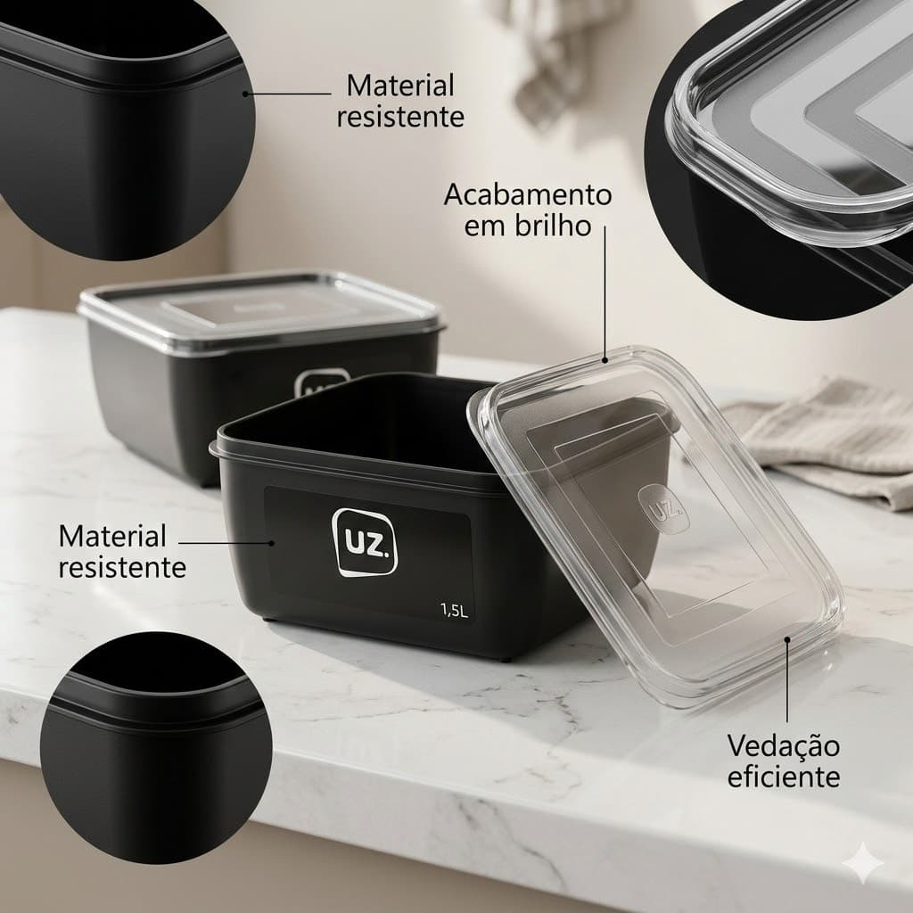 Kit 3 Potes Herméticos 1,5L Quadrado Tampa UZ Organizador Cozinha Mantimentos Transparent