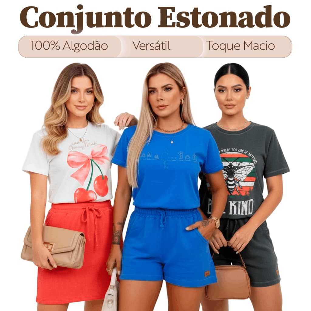 Conjunto Feminino Verão Estonado com Shorts e Camiseta Casual Confortável Look Completo Streetwear Moda Básica Elegante
