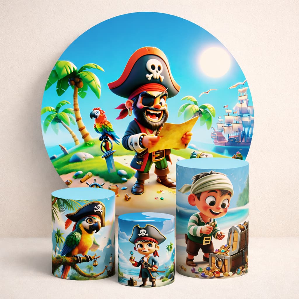 Kit Capas Cilindro e Painel Redondo Tecido Sublimado Tema Pirata Decoração de Festa Infantil Enfeite
