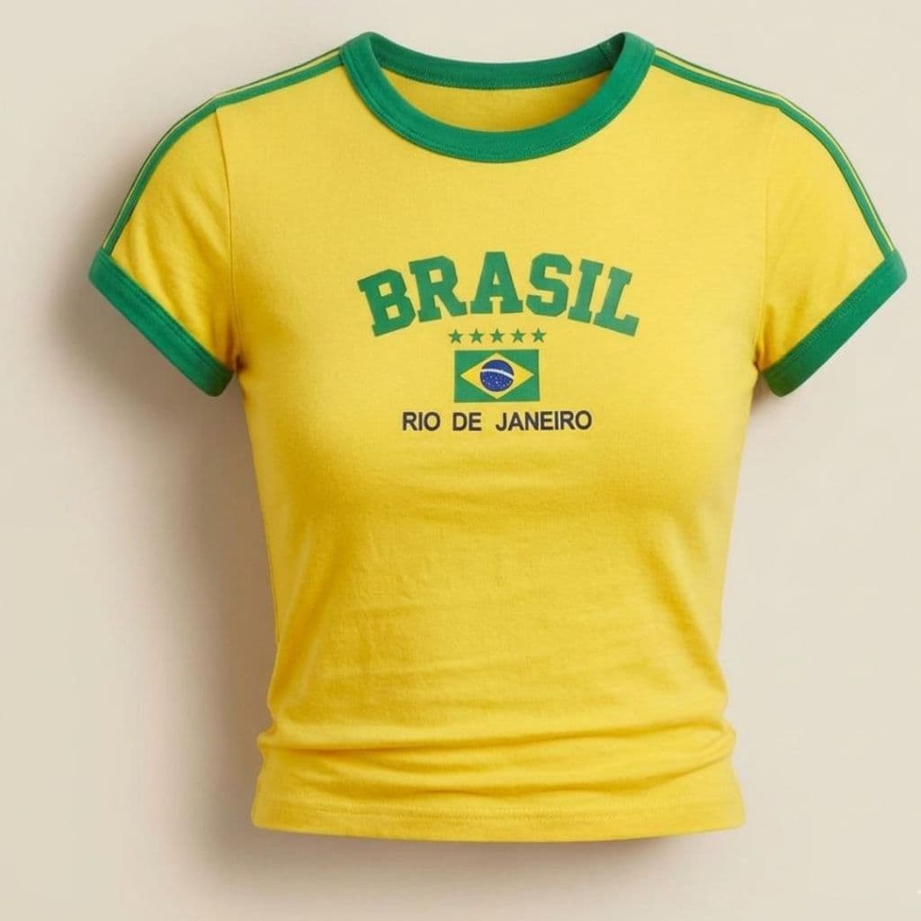 Camiseta Cropped Brasil Feminina Bordado Rio de Janeiro Baby Look Malha PV Moda Feminina