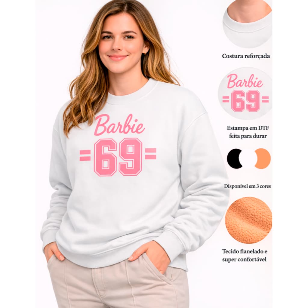 Moletom Barbi 69 Varsity Feminino Flanelado Estampa Rosa Casual Confortável Inverno
