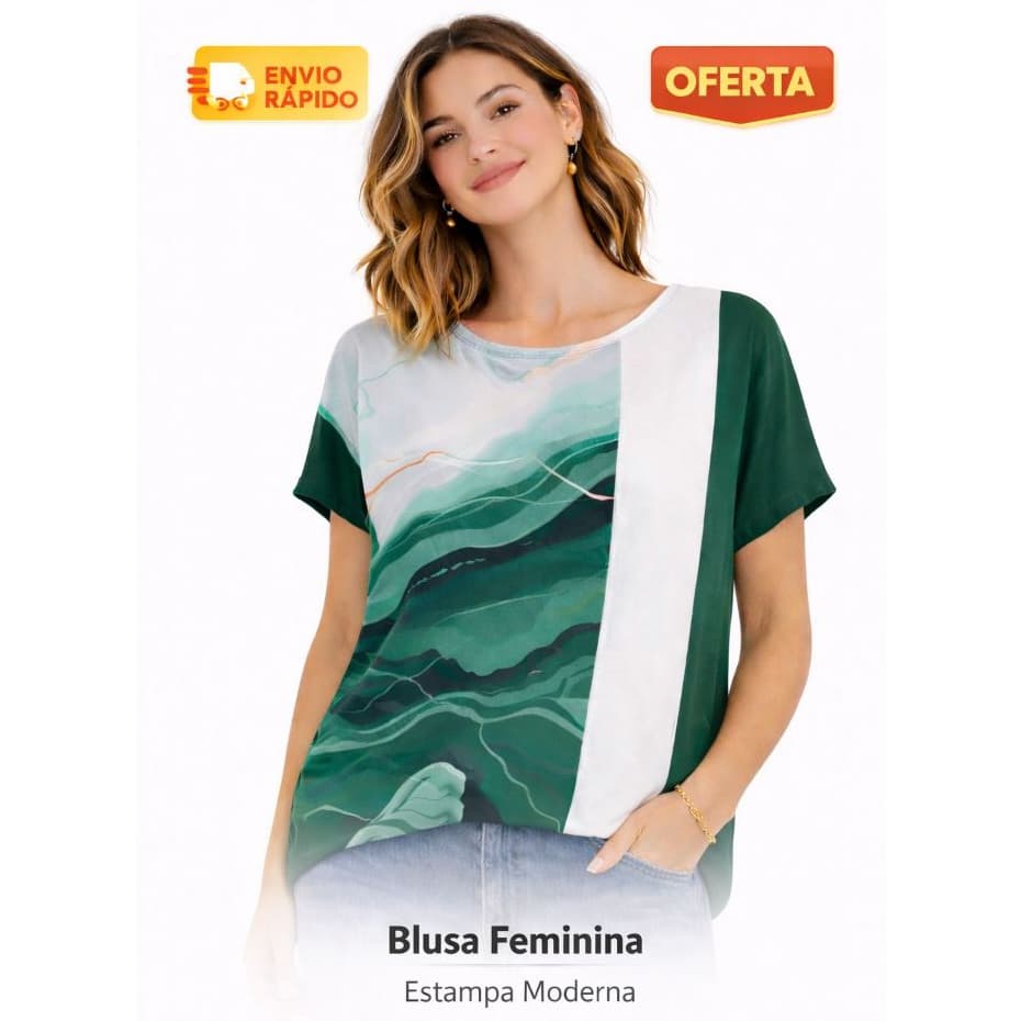 Blusa feminina estampada verde manga cusrta casual elegante moda 2026 confortável tendência