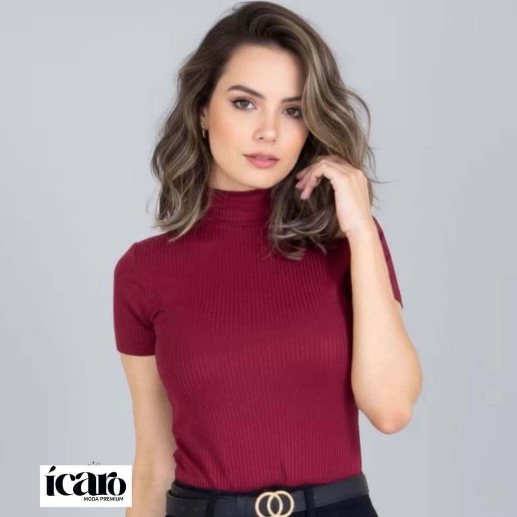 BASICA Blusa Canelada Gola Alta Manga Curta Moda Femininaa