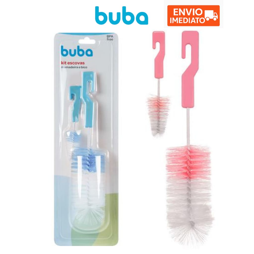 Escova para Lavar Mamadeira e Bico Kit Buba Azul Rosa Cinza Menino Menina Limpa Copo Infantil Bebe