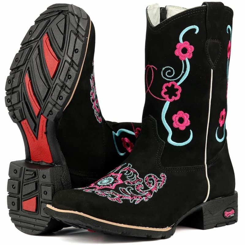 Bota Infantil Feminina Menina Country Cowboy Texana Bordada Flor Cruz Couro Lançamento Confortável Estilosa