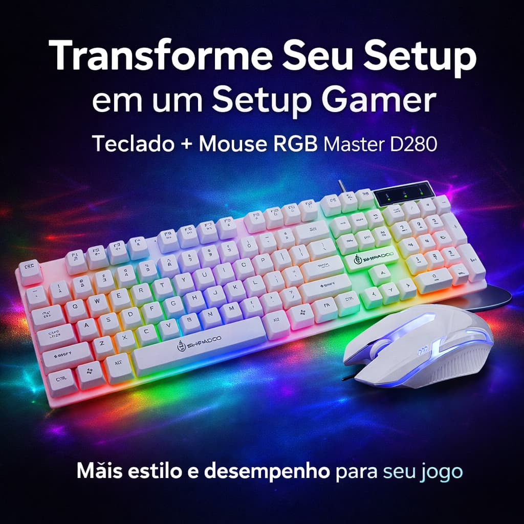 Kit Teclado e Mouse Gamer RGB Branco Semi Mecânico Master D280 para PC