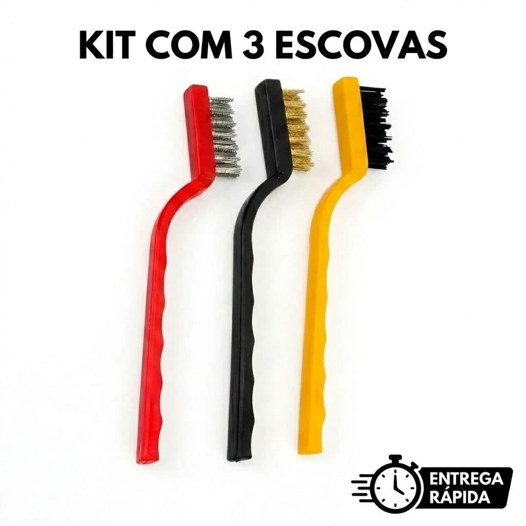 Escovas de Aço Multiuso Kit 3 Pcs Aço Latão Nylon Cabo Plástico Limpeza Casa
