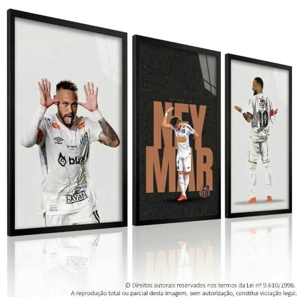 Kit Quadros Neymar Santos Futebol Decoração Gamer Sala Quarto Moldura e Vidro