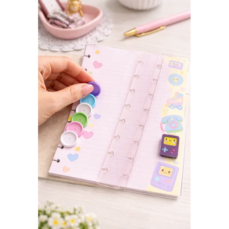 Refil A5 Cute Retro 80 Folhas 90g + Discos + Passante Planner Caderno Argolado