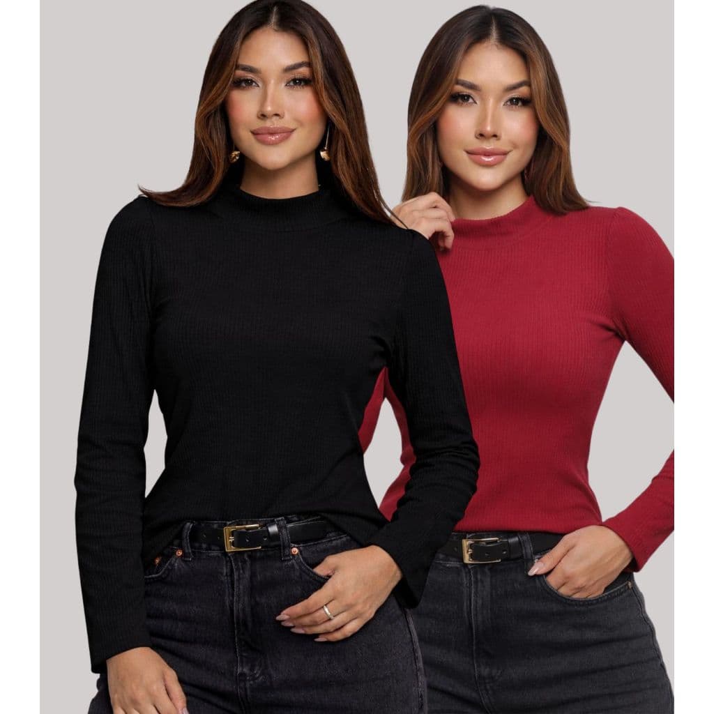 Kit 2 blusas feminina Manga Longa Tricot Canelado confortavél Básico Gola Alta Inverno