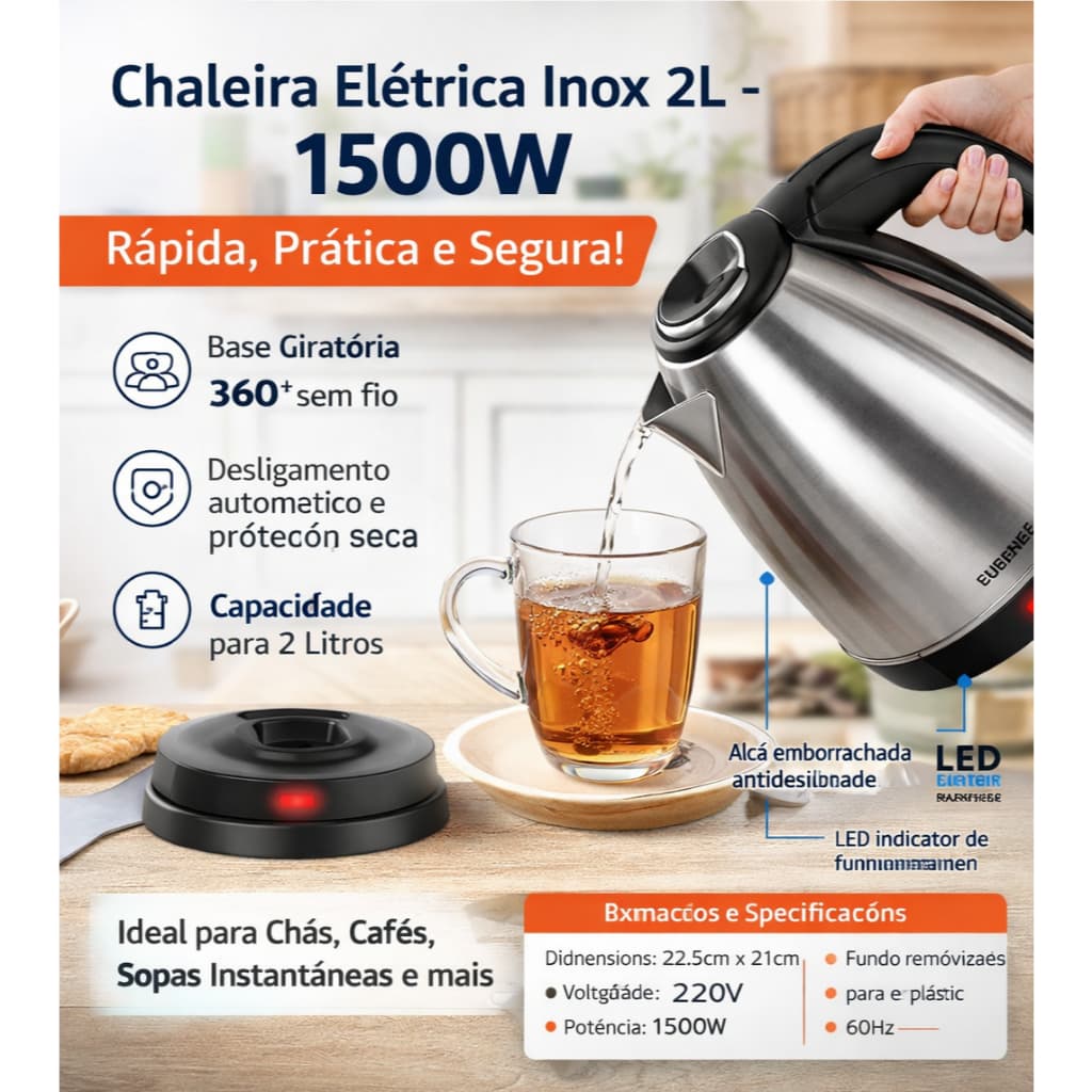 Chaleira Jarra Elétrica inox  2 Litros1500w 220v rapido pra chá cafe leite potente