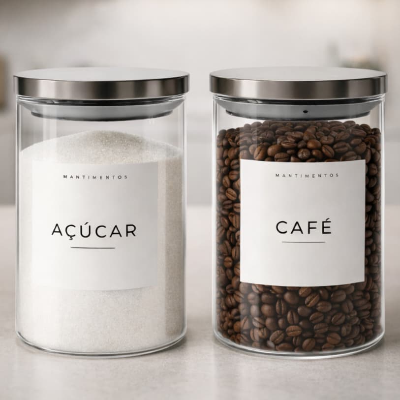 Kit 2 Potes Hermético Tampa Inox Luxo Vidro Transparente 1 Litro Açúcar Café Mantimentos