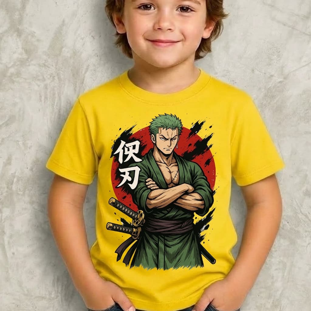 Camiseta Infantil Menino Zoro da Turma One Piece Luffy Chapéu de Palha Malha Premium Anime e Manga