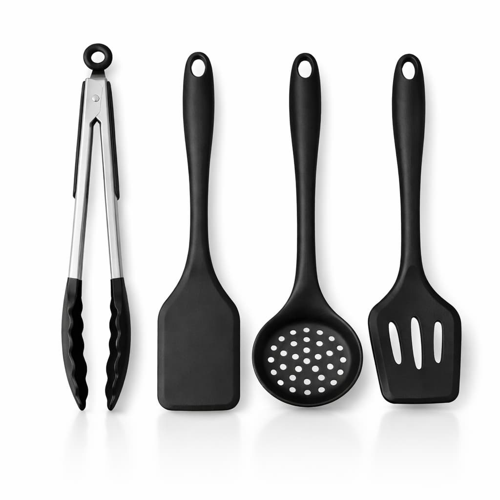 Kit Utensílios Silicone 4 Peças Premium Espátulas + Pegador +Escumadeira Resistente Não Risca Panela