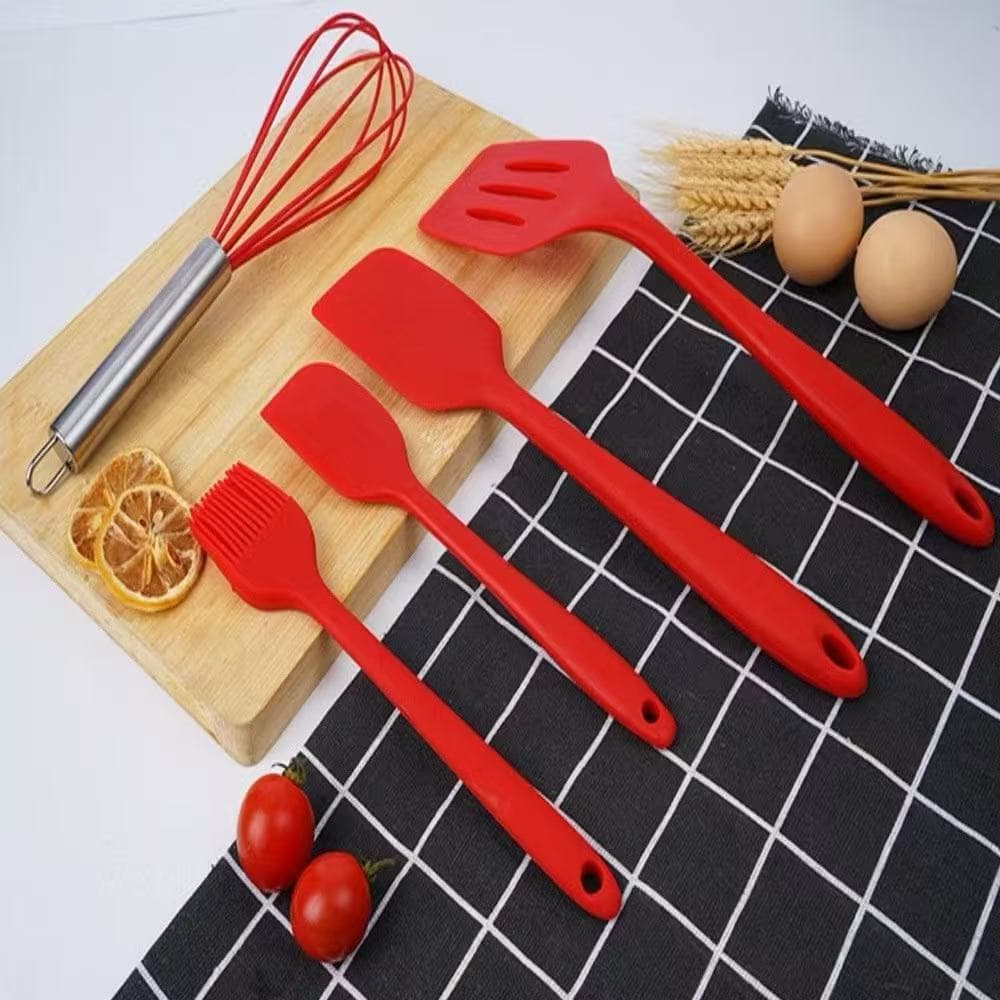 Kit Utensílios de Cozinha Silicone 5 Peças – Colher, Espátula, Fuê, Pincel e Espátula Pequena