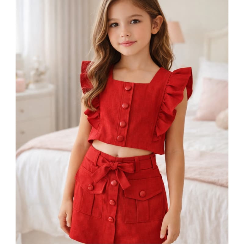 Conjunto Infantil Feminino Vermelho Linho Premium – Cropped + Shorts Saia Blogueirinha Moda 2026
