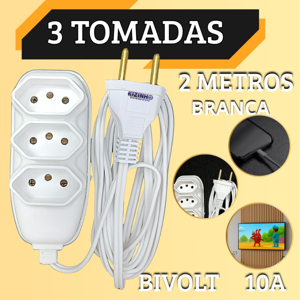 Extensão Elétrica de 2 Metros com 3 Tomadas Branca Extensão de Energia Bivolt 127/220 10A